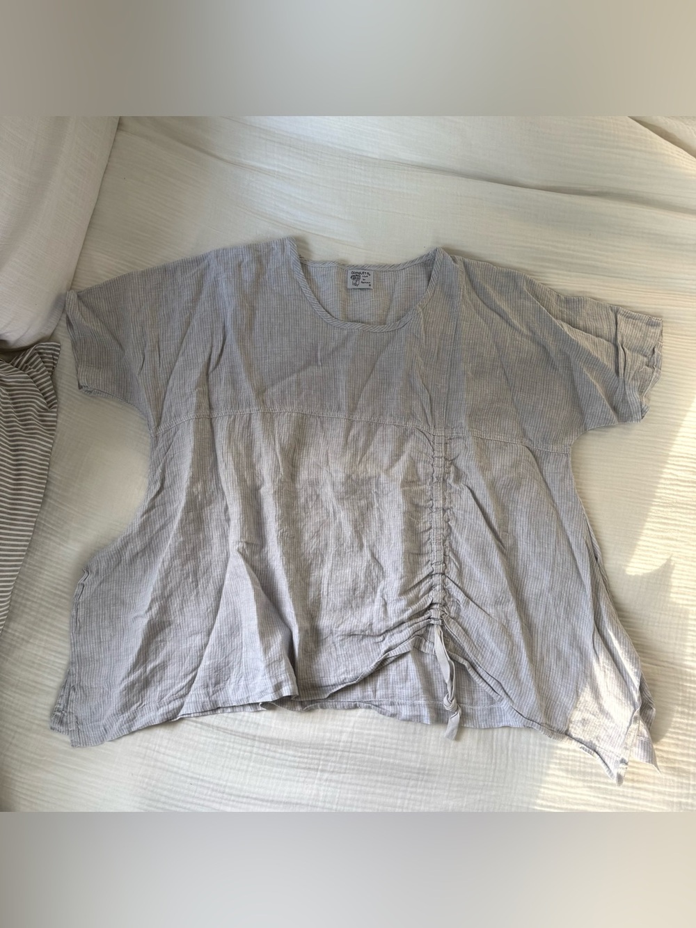 Completo Lino linen ruched tunic top grey oversized striped Lagenlook coastal